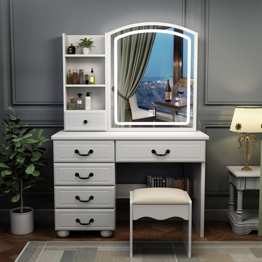 Elegant Royal Vanity Desk With Mirror & Lights, Makeup Table Set