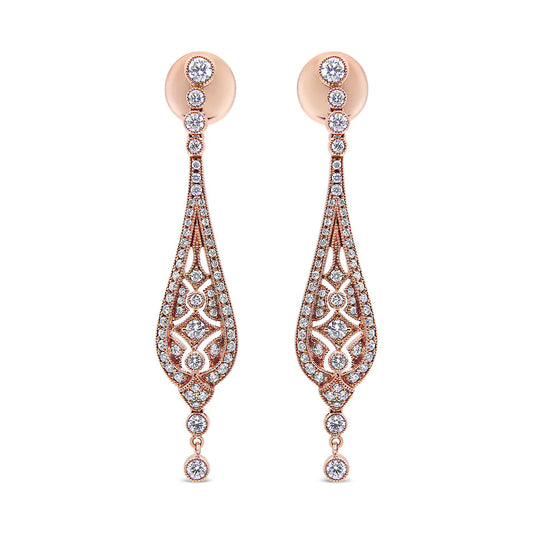 18K Rose Gold 1 3/4 Cttw Diamond Milgrain Edged Vintage Art Deco Style Drop and Dangle Earring (F-G Color, VS1-VS2 Clarity)