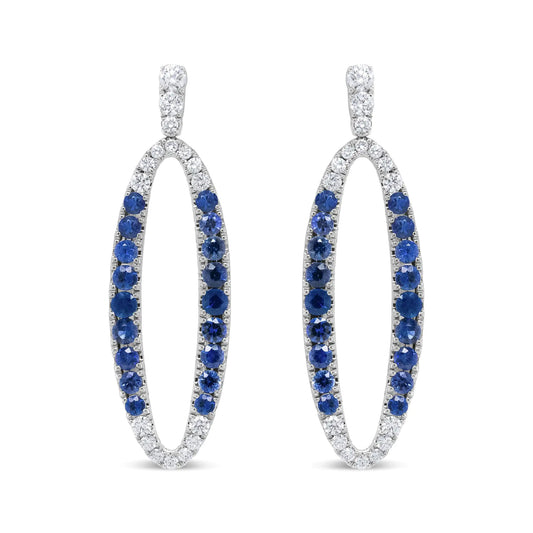 18K White Gold 1.11 Cttw Blue Round Diamond and Blue Sapphire Openwork Oval Shaped Dangle Earrings (F-G Color, VS1-VS2 Clarity)