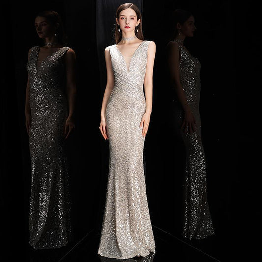 Women's Spring Royal Diamond Silver Sequined Fishtail Slim Sexy Evening Dress Dress