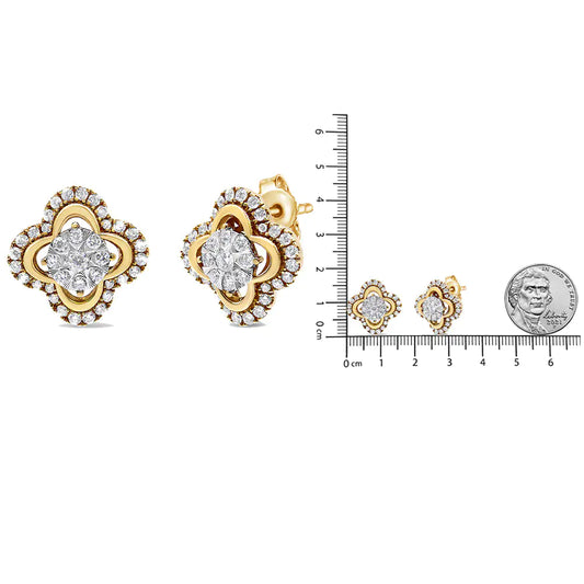 14K Yellow and White Gold 1.00 Cttw Diamond Vintage Style Fleur De Lis Halo Stud Earrings (H-I Color, SI2-I1Clarity)