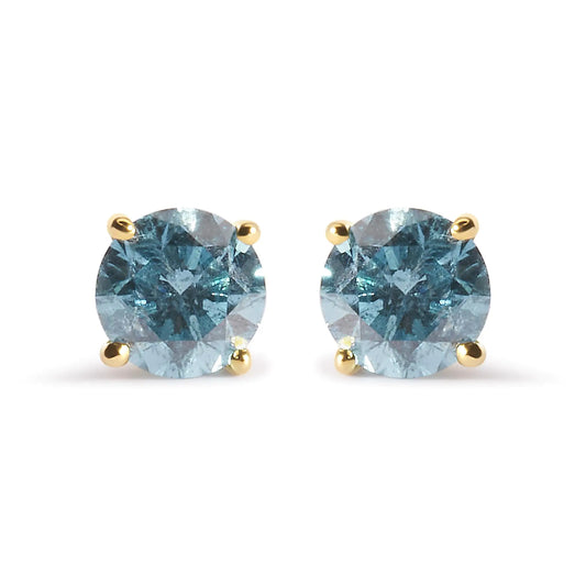 14K Yellow Gold 1.0 Cttw Treated Aqua Blue Diamond Classic Solitaire Stud Earrings (Aqua Blue Color, I2-I3 Clarity)