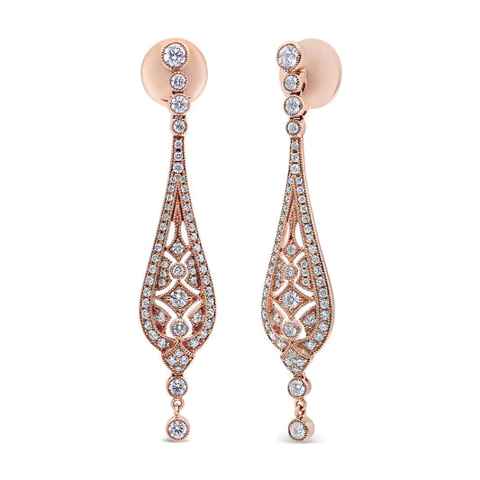 18K Rose Gold 1 3/4 Cttw Diamond Milgrain Edged Vintage Art Deco Style Drop and Dangle Earring (F-G Color, VS1-VS2 Clarity)