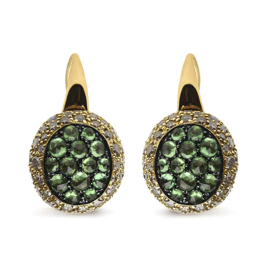 18K Yellow Gold 3 1/2 Cttw Diamond and Round Green Tsavorite Gemstone Round Domed Drop Hoop Earrings (Brown Color, SI1-SI2 Clarity)