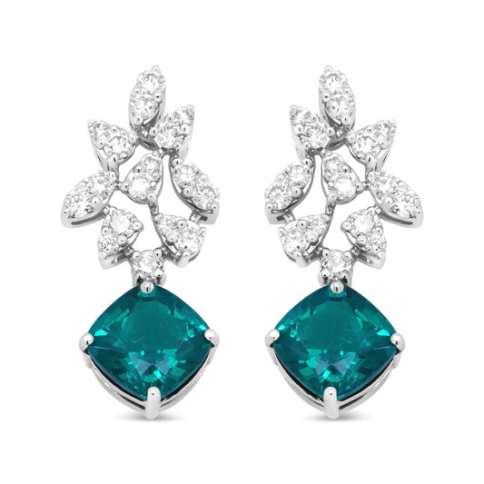 18K White Gold 1 1/10 Cttw Diamond and 7.9 x 7.7mm Green Emerald Drop Earrings (G-H Color, SI1-SI2 Clarity)