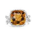 Load image into Gallery viewer, 14K White Gold 12mm Cushion Cut Yellow Citrine Gemstone and 1/3 Cttw Round Pave-Set Diamond Ring - (H-I Color, VS1-VS2 Clarity)