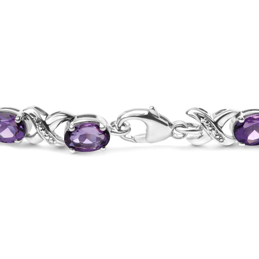 .925 Sterling Silver 7x5mm Oval Amethyst and Diamond Accent X-Link Bracelet (H-I Color, SI1-SI2 Clarity) - Size 7"
