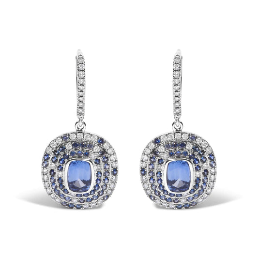 18K White Gold Natural Blue Sapphire and Diamond Scattered Halo Drop and Dangle Leverback Earrings (H-I Color, SI1-SI2 Clarity)