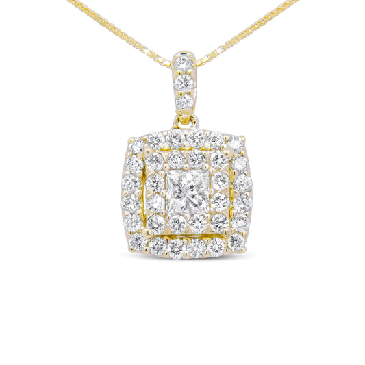 14K Yellow Gold 1/2 Cttw Round and Princess-Cut Diamond Double Halo 18" Pendant Necklace (H-I Color, SI2-I1 Clarity)