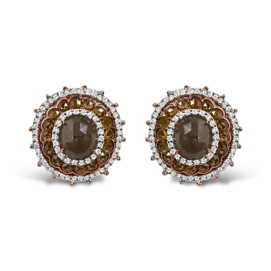 14K Rose Gold 3 1/2 Cttw Fancy Rose Cut Diamond Circle Shaped Triple Halo Stud Earring (Fancy Color, I2-I3 clarity)