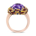 Load image into Gallery viewer, 18K Yellow and Rose Gold Claw Prong Set Checkerboard Cut Purple Amethyst, Blue & Yellow Sapphire, Diamond Accent Cocktail Ring Band (F-G Color, VS1-VS2 Clarity)
