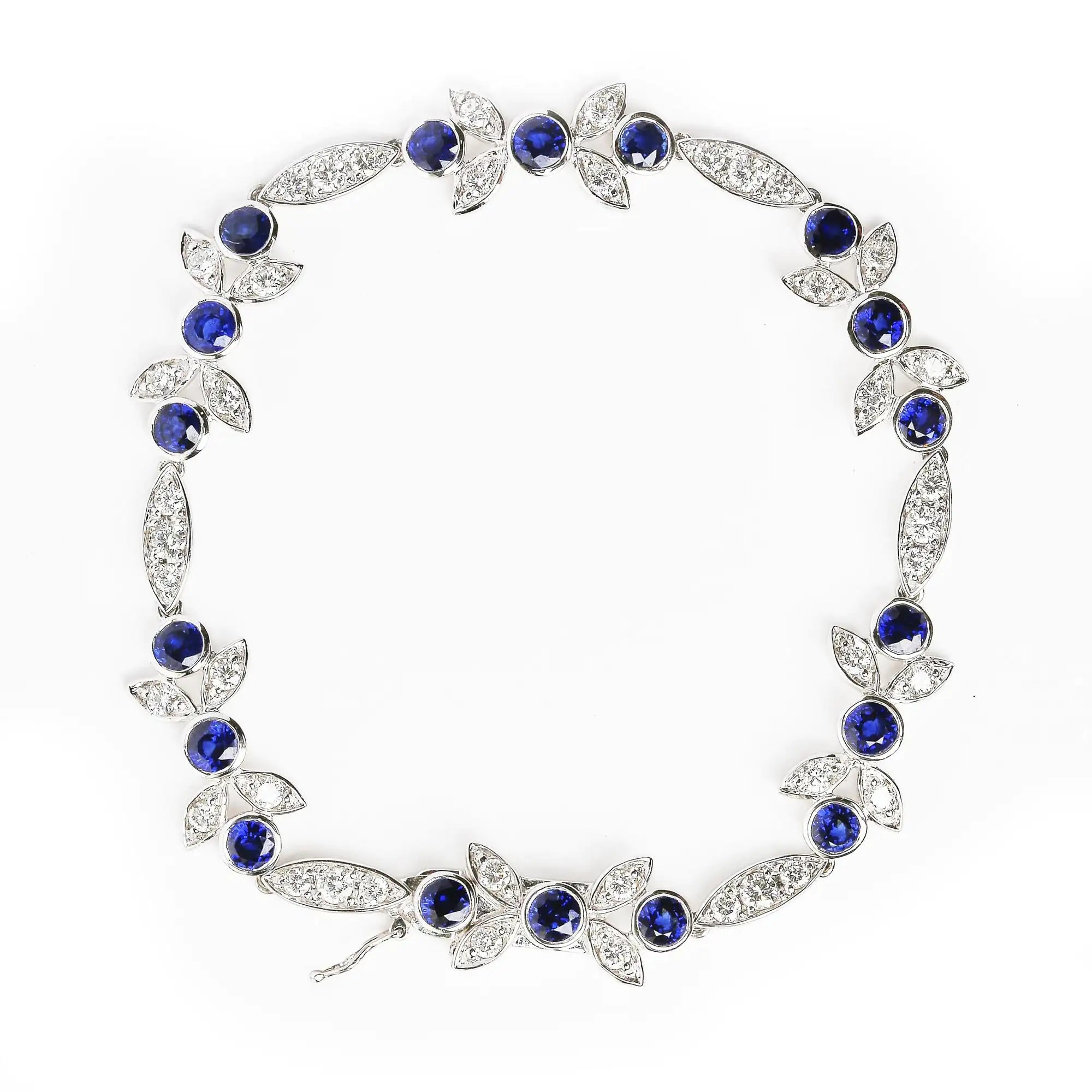 18K White Gold 1 3/4 Cttw Diamond and 3x3mm Round Blue Sapphire Gemstone Floral Link Bracelet (G-H Color, SI1-SI2 Clarity) - Size 7"