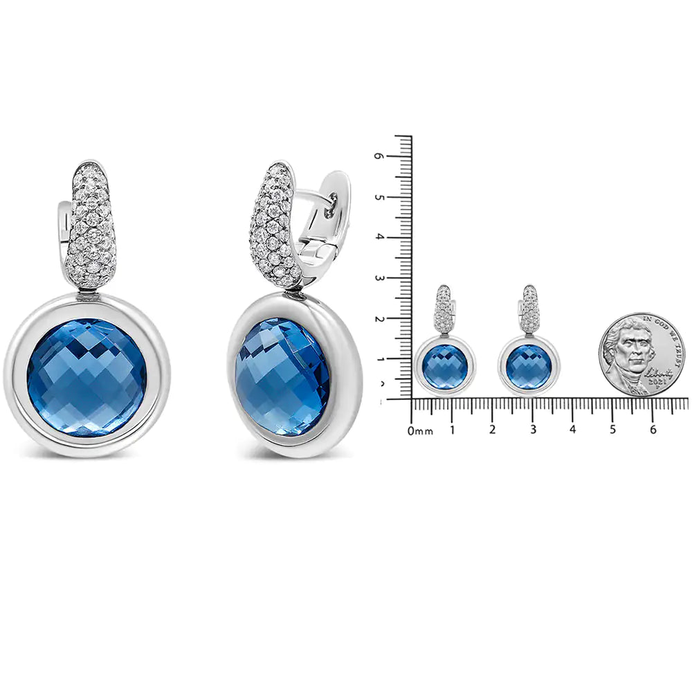 18K White Gold Bezel Set 11mm Blue Topaz and 1/2 Cttw Invisible Set Diamond Bale Dangle Earrings (F-G Color, VS1-VS2 Clarity)