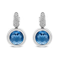 Load image into Gallery viewer, 18K White Gold Bezel Set 11mm Blue Topaz and 1/2 Cttw Invisible Set Diamond Bale Dangle Earrings (F-G Color, VS1-VS2 Clarity)
