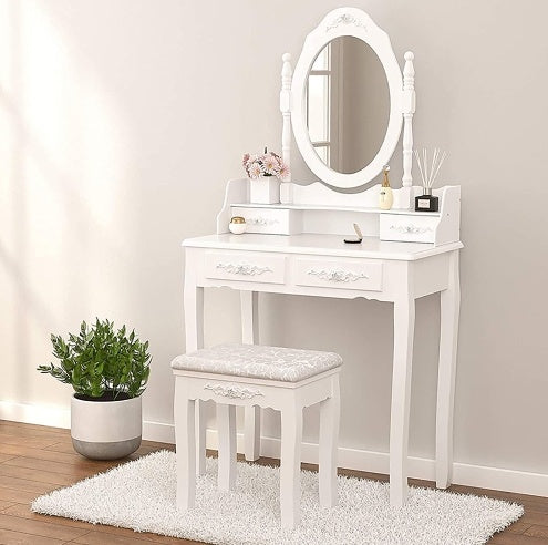 Royal vanity Table Set With 4 Drawer, Makeup Dressing Table W  Cushioned Stool, Girls Women Bedroom Furniture Set Oval Mirror