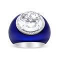 Load image into Gallery viewer, 18K White Gold 14mm White Quartz and 1/5 Cttw Diamond Halo with Blue Enamel Dome Ring (F-G Color, VS1-VS2 Clarity)
