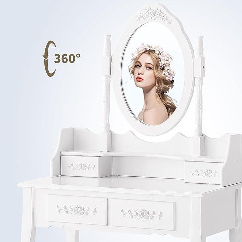 Royal vanity Table Set With 4 Drawer, Makeup Dressing Table W  Cushioned Stool, Girls Women Bedroom Furniture Set Oval Mirror