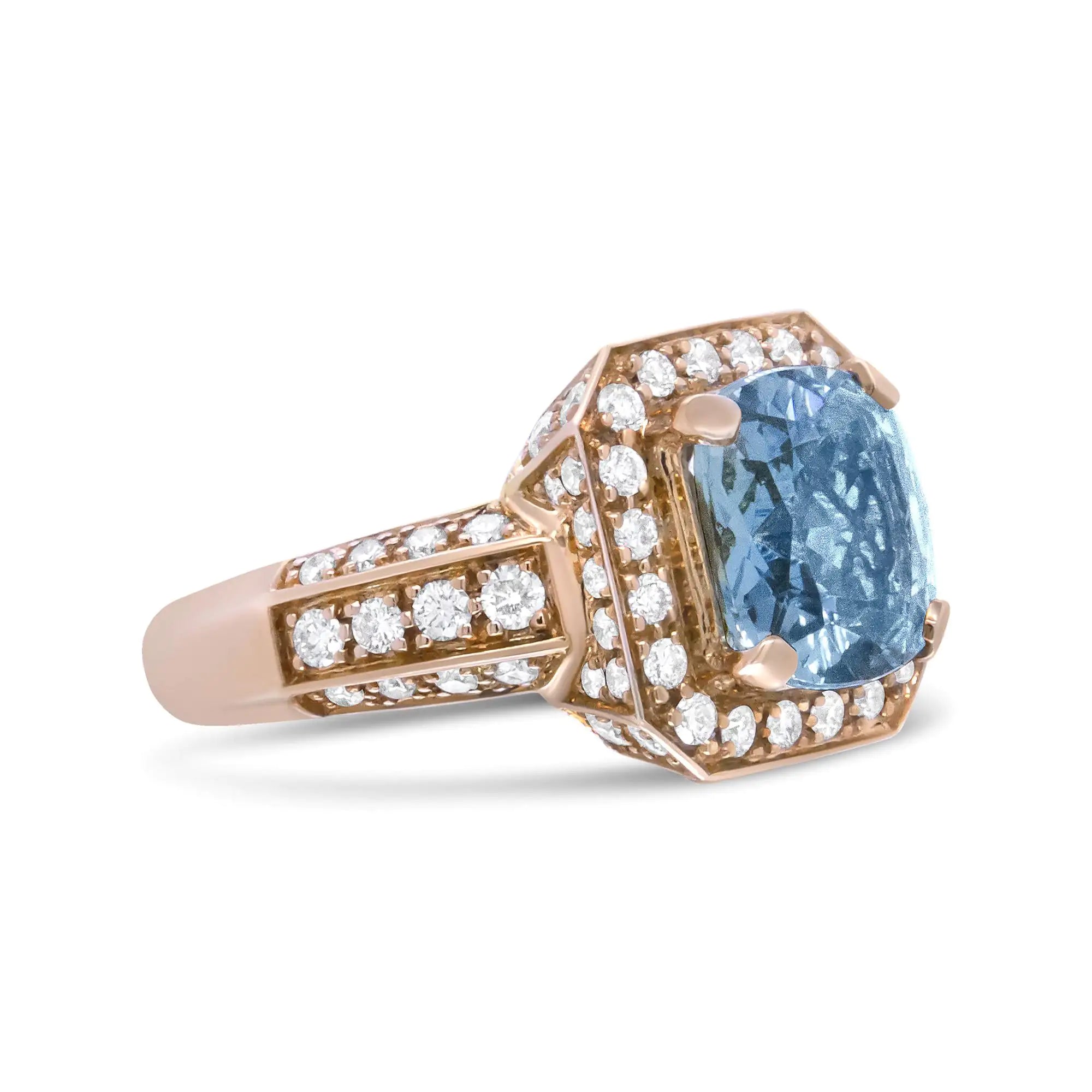 18K Rose Gold 10x10mm Cushion Shaped Aquamarine and 1 1/8 Cttw Round Diamond Halo Ring (F-G Color, VS1-VS2 Clarity)