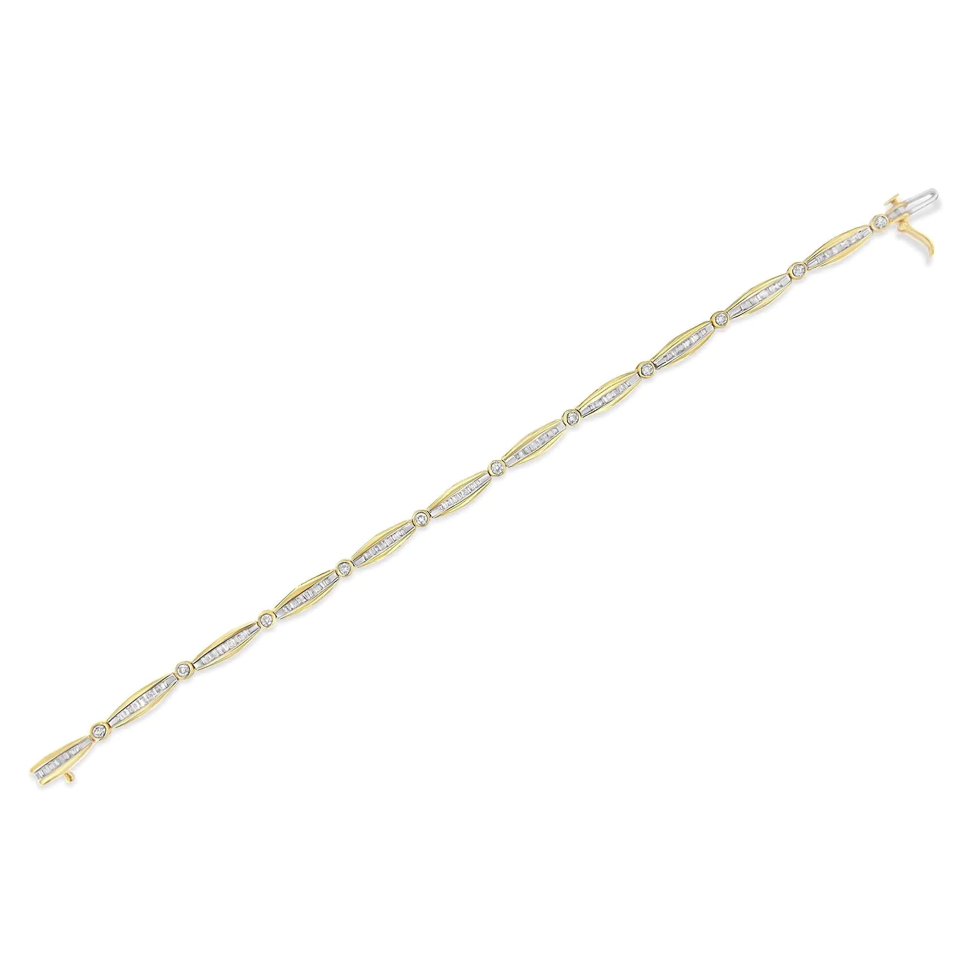 14K Yellow Gold 1-1/2 Cttw Round Brilliant-Cut & Baguette Cut Diamond Bezel and Tapered Link 7" Tennis Bracelet (H-I Color, I1-I2 Clarity)