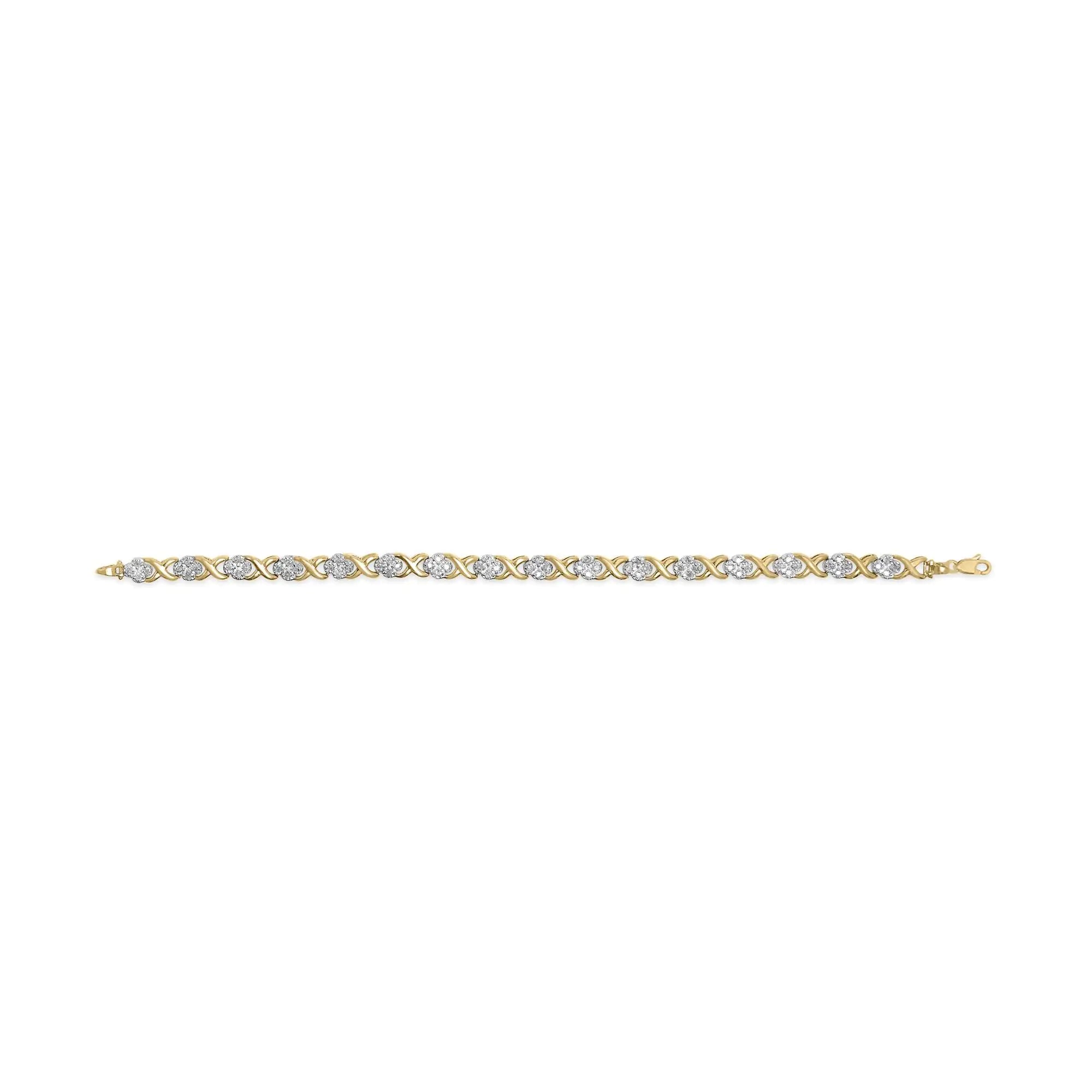 10K Yellow Gold 1.00 Cttw Diamond Cluster X Link Tennis Link 7.50" Bracelet  (I-J Color, I2-I3 Clarity)