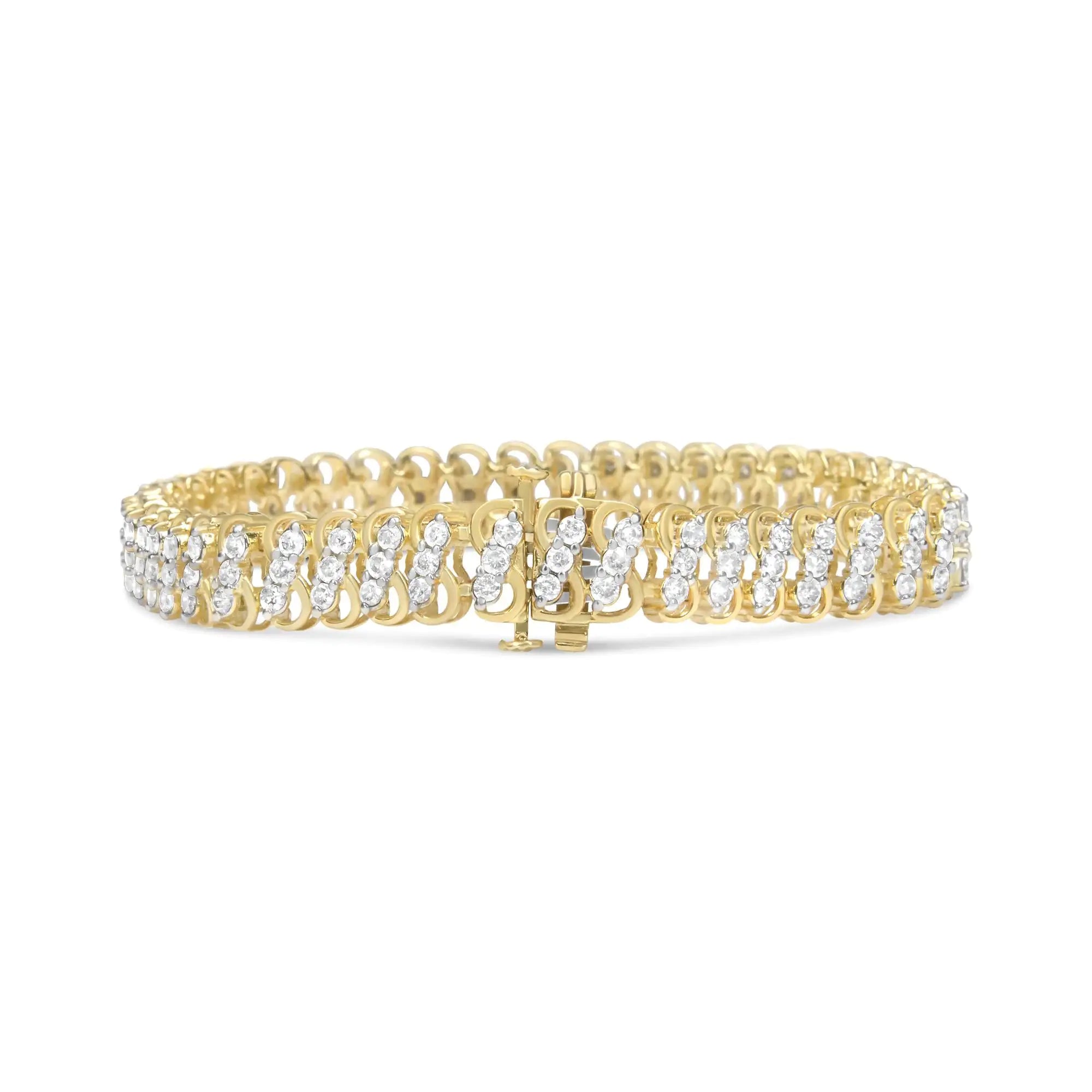 10K Yellow Gold 4.0 Cttw Diamond Triple Row Infinity 7" "S" Link Tennis Bracelet (J-K Color, I2-I3 Clarity)