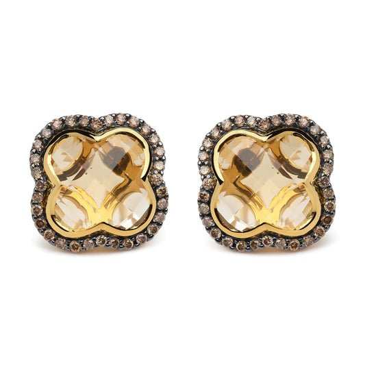 18K Yellow Gold 1/2 Cttw  Brown Diamond and 11x11mm Clover-Cut Yellow Citrine Gemstone Clover Halo Stud Earrings (Brown Color, SI1-SI2 Clarity)