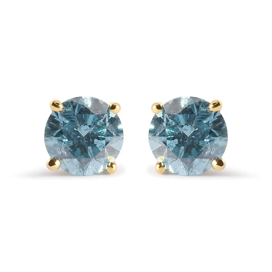 14K Yellow Gold 1.0 Cttw Treated Aqua Blue Diamond Classic Solitaire Stud Earrings (Aqua Blue Color, I2-I3 Clarity)