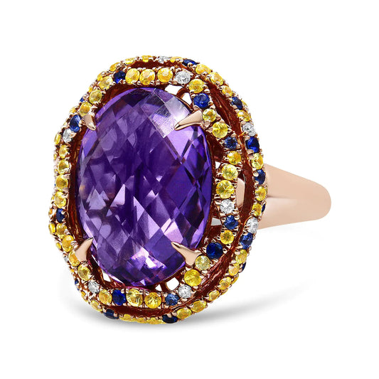 18K Yellow and Rose Gold Claw Prong Set Checkerboard Cut Purple Amethyst, Blue & Yellow Sapphire, Diamond Accent Cocktail Ring Band (F-G Color, VS1-VS2 Clarity)