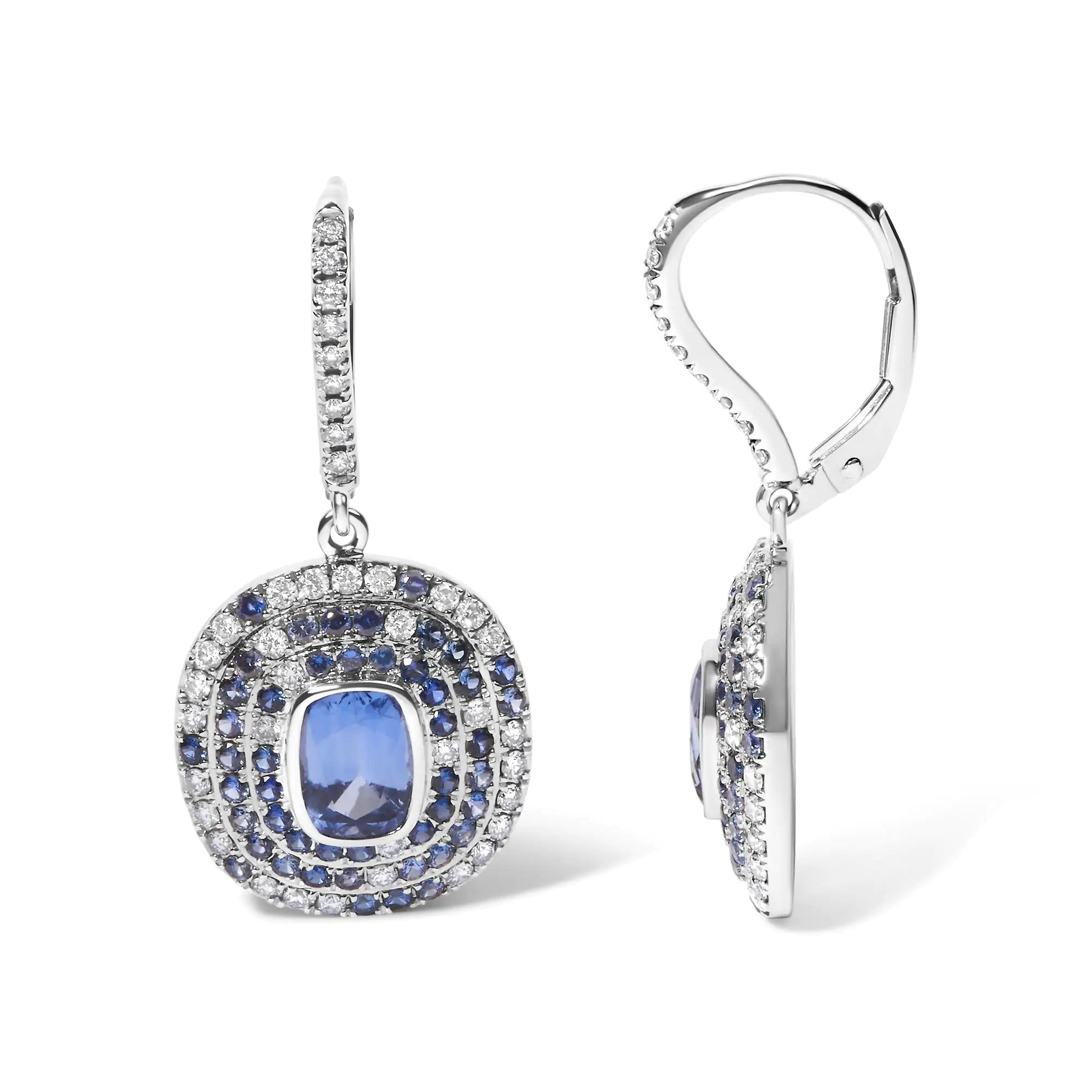 18K White Gold Natural Blue Sapphire and Diamond Scattered Halo Drop and Dangle Leverback Earrings (H-I Color, SI1-SI2 Clarity)