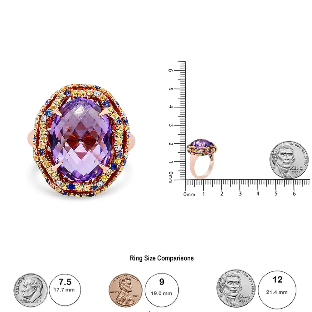 18K Yellow and Rose Gold Claw Prong Set Checkerboard Cut Purple Amethyst, Blue & Yellow Sapphire, Diamond Accent Cocktail Ring Band (F-G Color, VS1-VS2 Clarity)