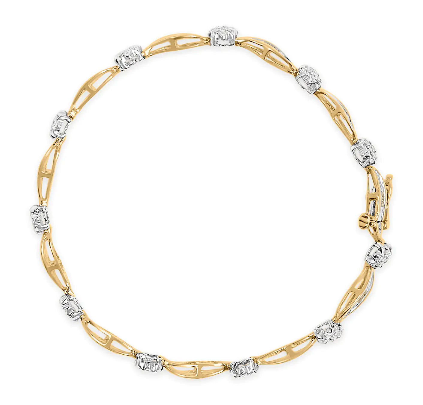 10K Yellow and White Gold 1.00 Cttw Round-Cut and Baguette-Cut Diamond Floral S-Link 7" Bracelet (I-J Color, I1-I2 Clarity)