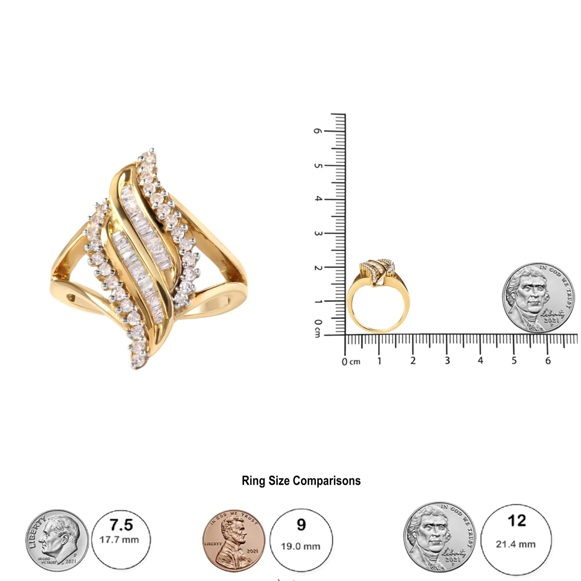 10K Yellow Gold 1/2 Cttw Round and Baguette Cut Diamond Cocktail Ring (H-I Color, I1-I2 Clarity)