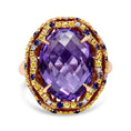 Load image into Gallery viewer, 18K Yellow and Rose Gold Claw Prong Set Checkerboard Cut Purple Amethyst, Blue & Yellow Sapphire, Diamond Accent Cocktail Ring Band (F-G Color, VS1-VS2 Clarity)
