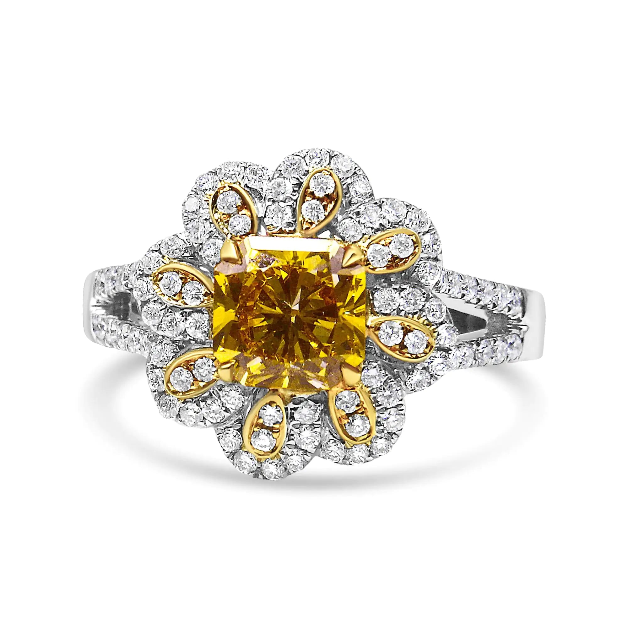 18K White and Yellow Gold 2.17 Cttw Yellow Radiant Lab Grown Center Diamond Flower Ring (Yellow/G-H Color, VS1-VS2 Clarity)