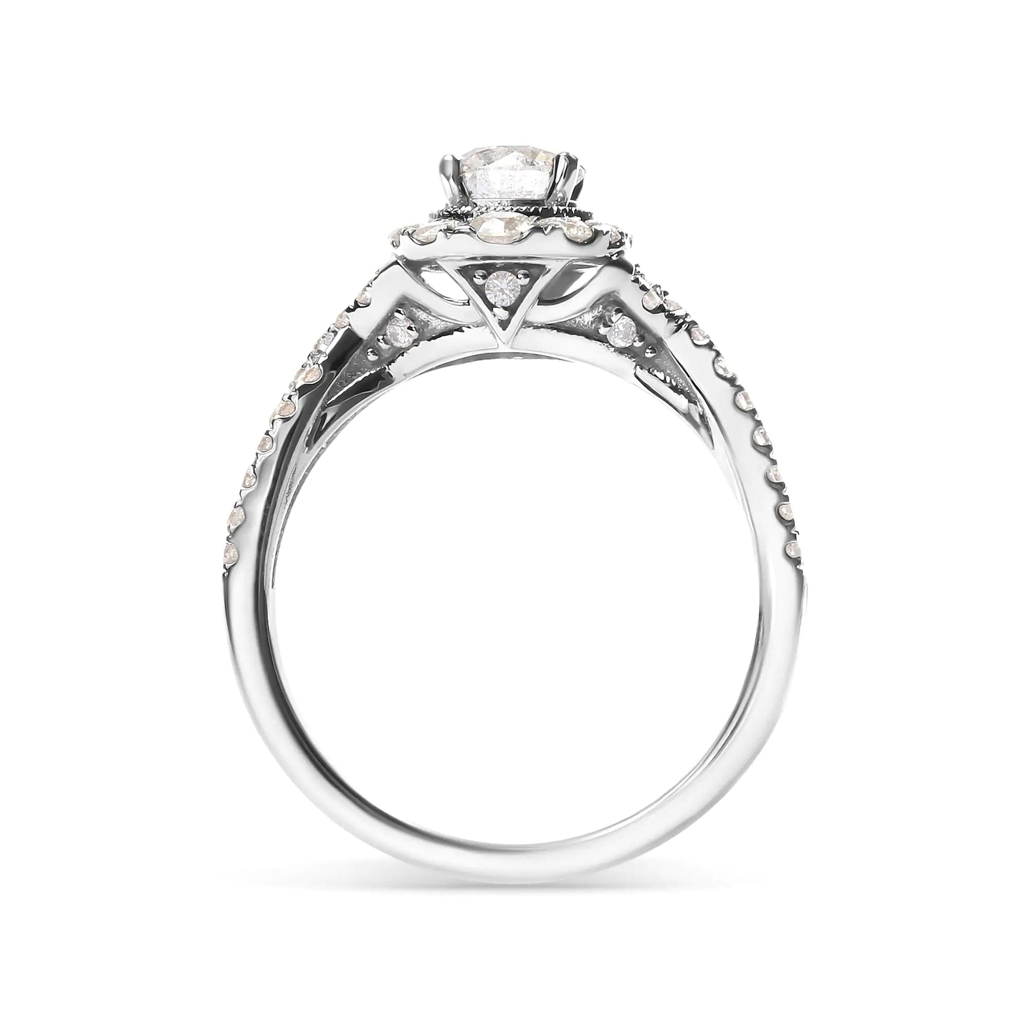 GIA Certified 14K White Gold 1 1/5 Cttw Round Diamond Halo Bridal Engagement Ring (E-F Color, I1-I2 Clarity)