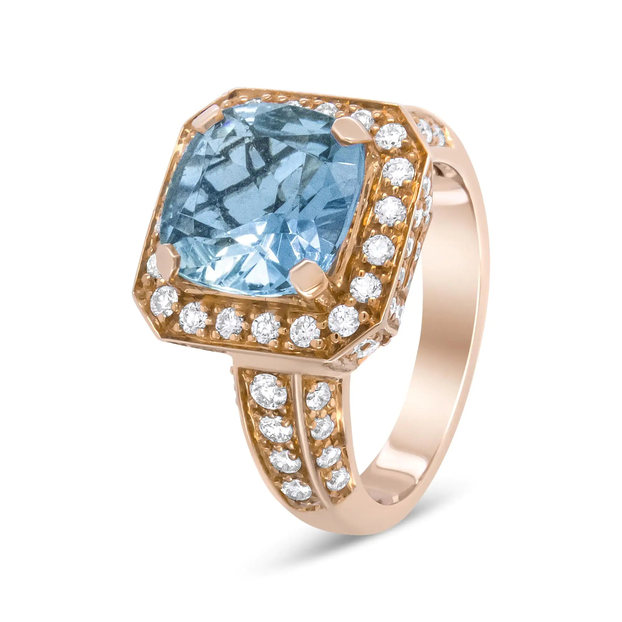 18K Rose Gold 10x10mm Cushion Shaped Aquamarine and 1 1/8 Cttw Round Diamond Halo Ring (F-G Color, VS1-VS2 Clarity)