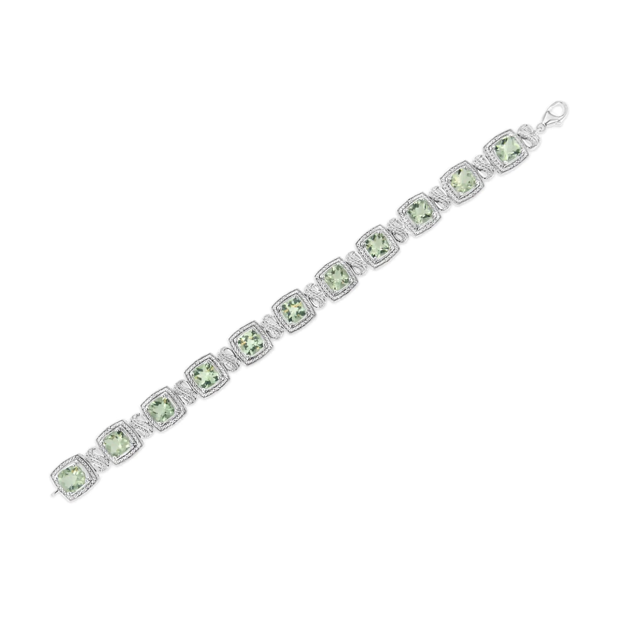 .925 Sterling Silver 7x7 mm Cushion Cut Green Amethyst and 1/10 cttw Single Cut Diamond Square Shape Tennis Bracelet (I-J Color, I1-I2 Clarity) - 7"