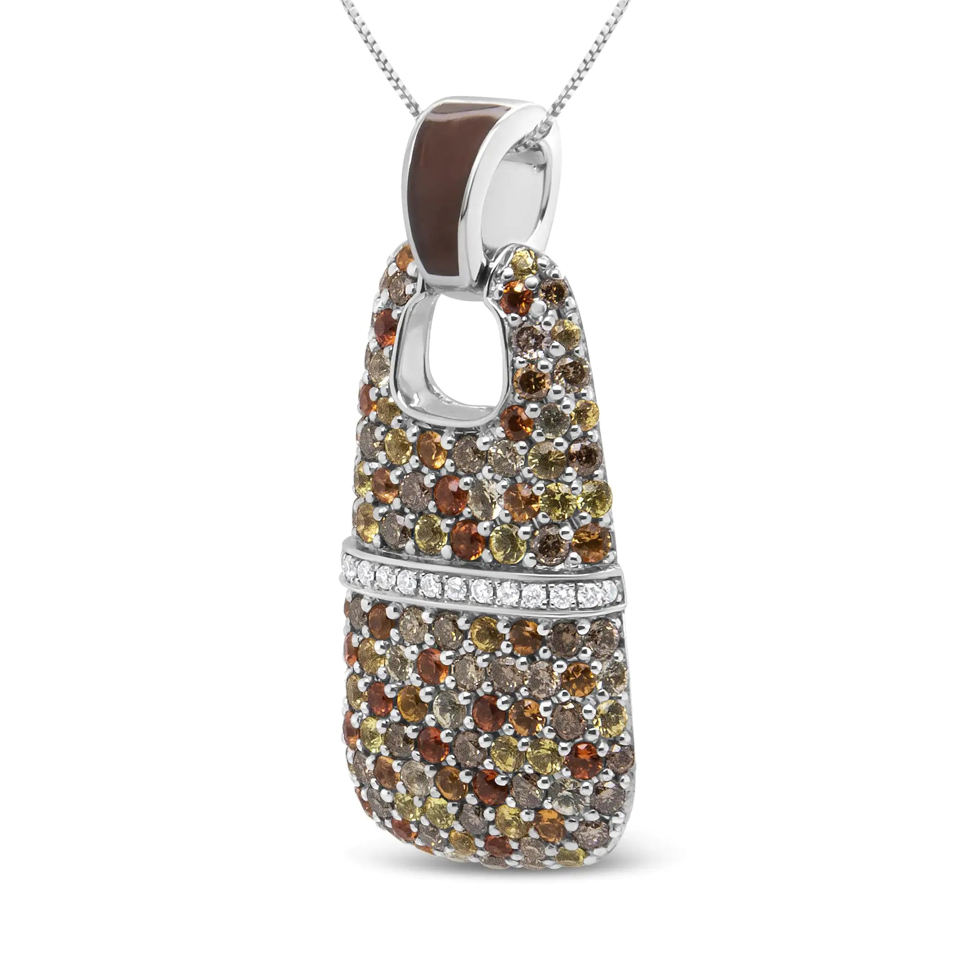 .925 Sterling Silver Brown Enamel 1 Cttw White and Brown Diamonds and  1.5mm Yellow and Orange Sapphire Gemstones Statement 18" Pendant Necklace (Brown and F-G Color, VS1-VS2 Clarity)