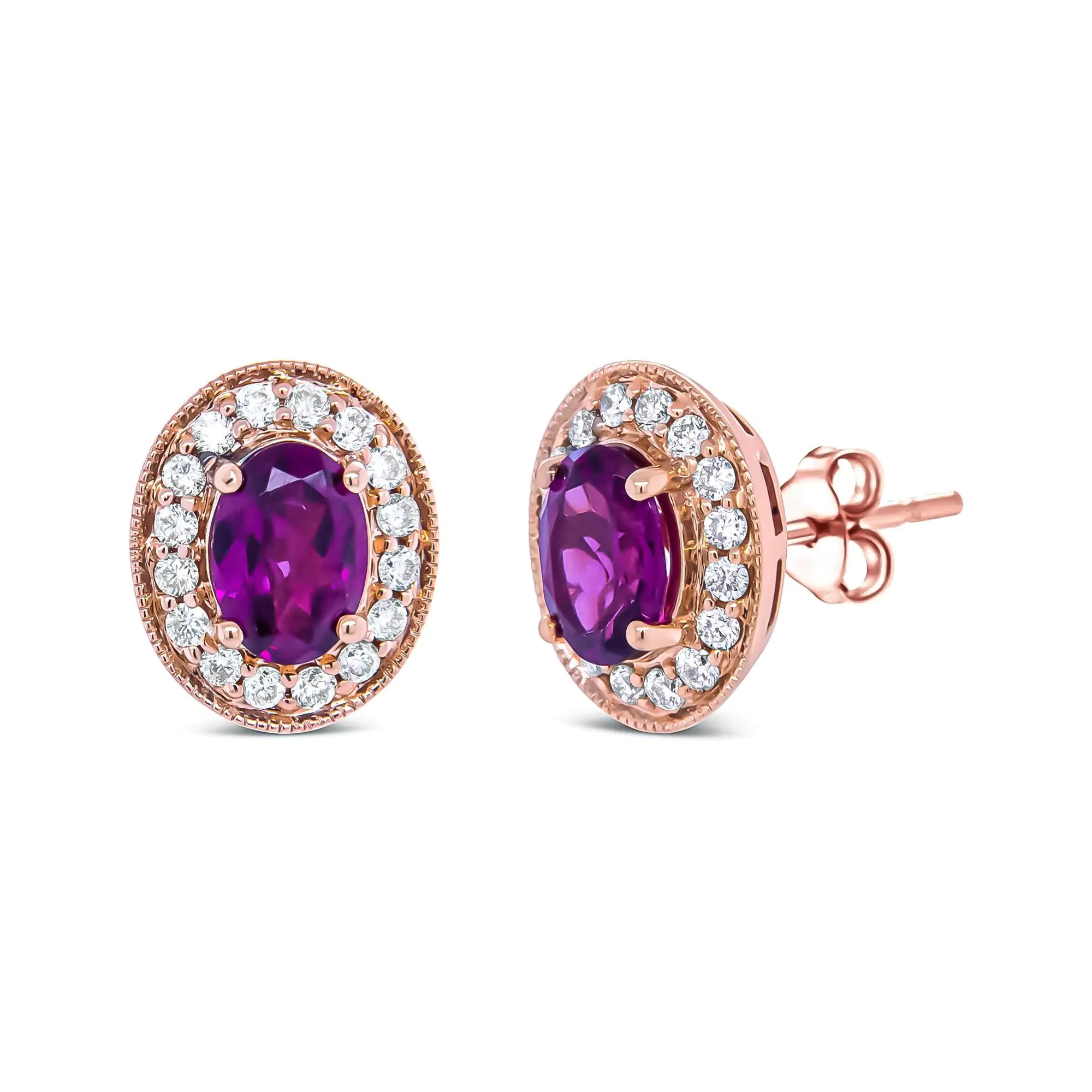 14K Rose Gold 7x5mm Oval Cut Garnet and 3/8 Cttw Round Diamond Halo Stud Earrings (G-H Color, SI1-SI2 Clarity)