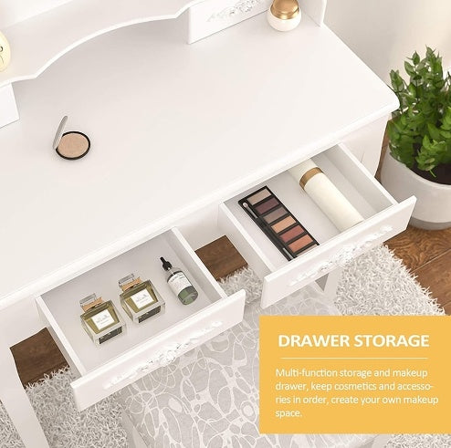 Royal vanity Table Set With 4 Drawer, Makeup Dressing Table W  Cushioned Stool, Girls Women Bedroom Furniture Set Oval Mirror