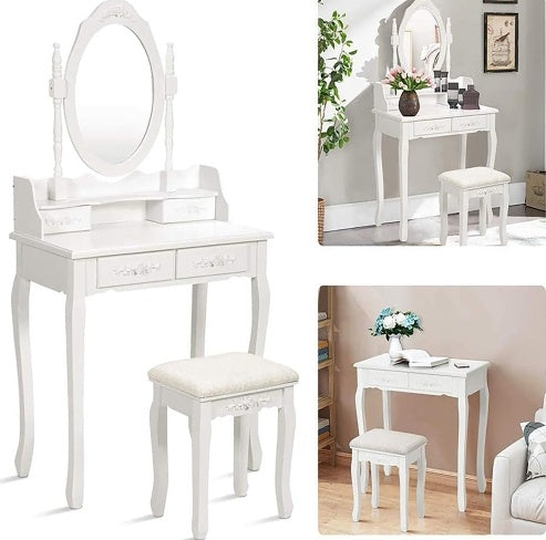 Royal vanity Table Set With 4 Drawer, Makeup Dressing Table W  Cushioned Stool, Girls Women Bedroom Furniture Set Oval Mirror