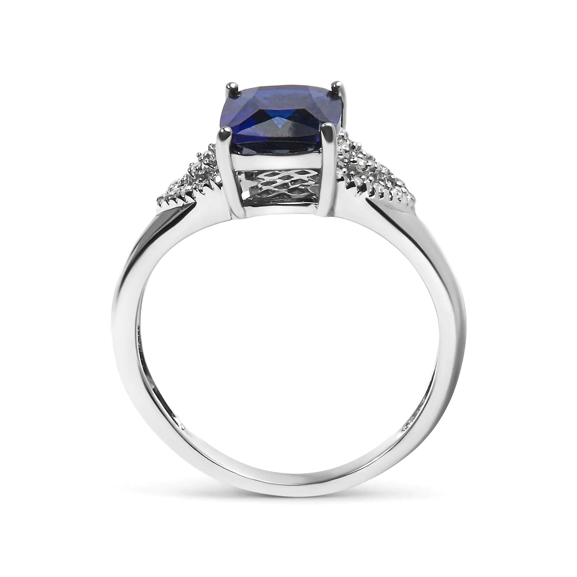 .925 Sterling Silver 9X7 mm Cushion Cut Blue Sapphire and White Diamond Step up Engagement Ring (I-J Color, I3 Clarity)