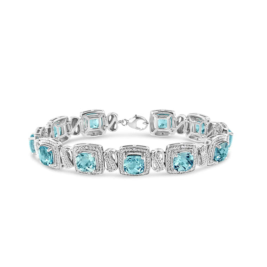 .925 Sterling Silver 7x7 mm Cushion Cut Blue Topaz and 1/10 Ctw Single Cut Diamond Square Shape Tennis Bracelet (I-J Color, I1-I2 Clarity) - 7"