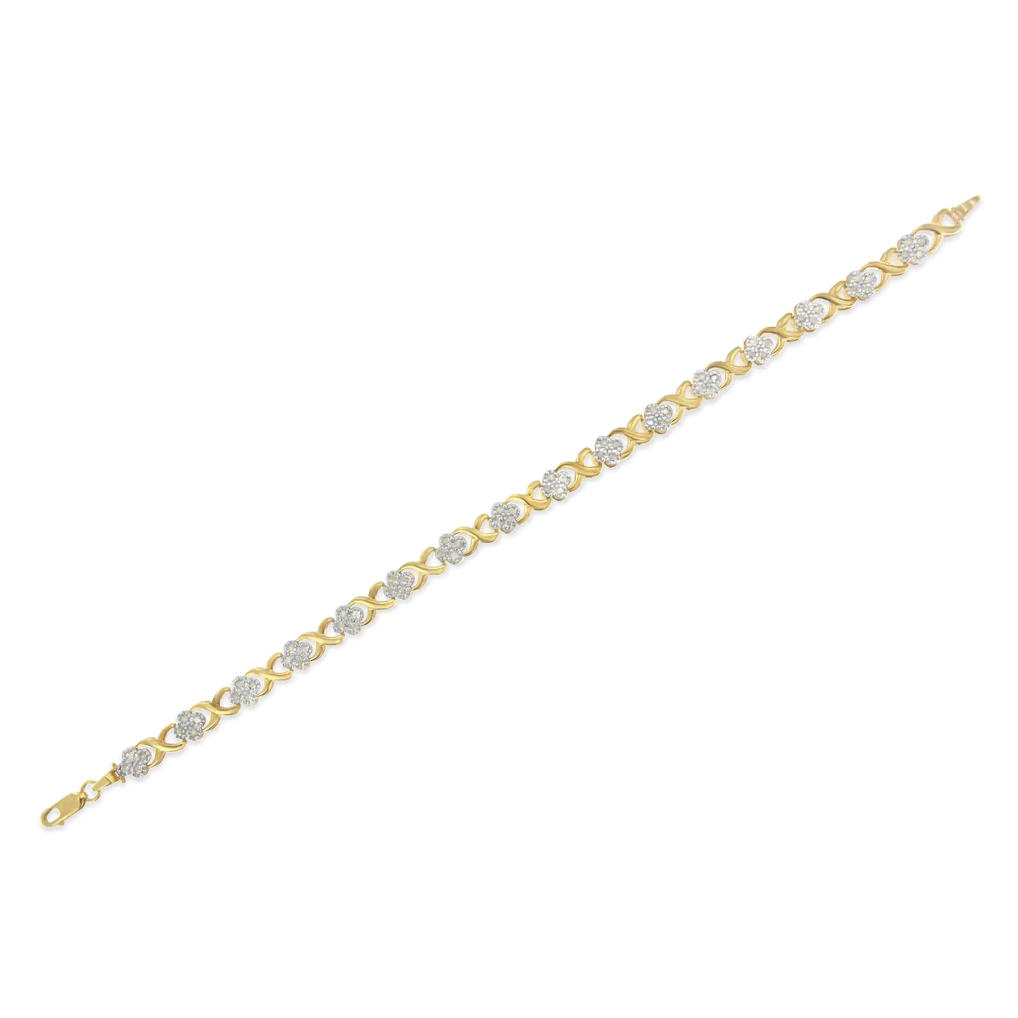 10K Yellow Gold 1.00 Cttw Diamond Cluster X Link Tennis Link 7.50" Bracelet  (I-J Color, I2-I3 Clarity)