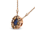 Load image into Gallery viewer, 18K Rose Gold 5/8 Cttw White and Brown Diamond Accent and 7 x 4mm Oval Blue Sapphire Gemstone Statement Halo Cluster Pendant Necklace (Brown and G-H Color, SI1-SI2 Clarity) - Adjustable up to 16" - 18"
