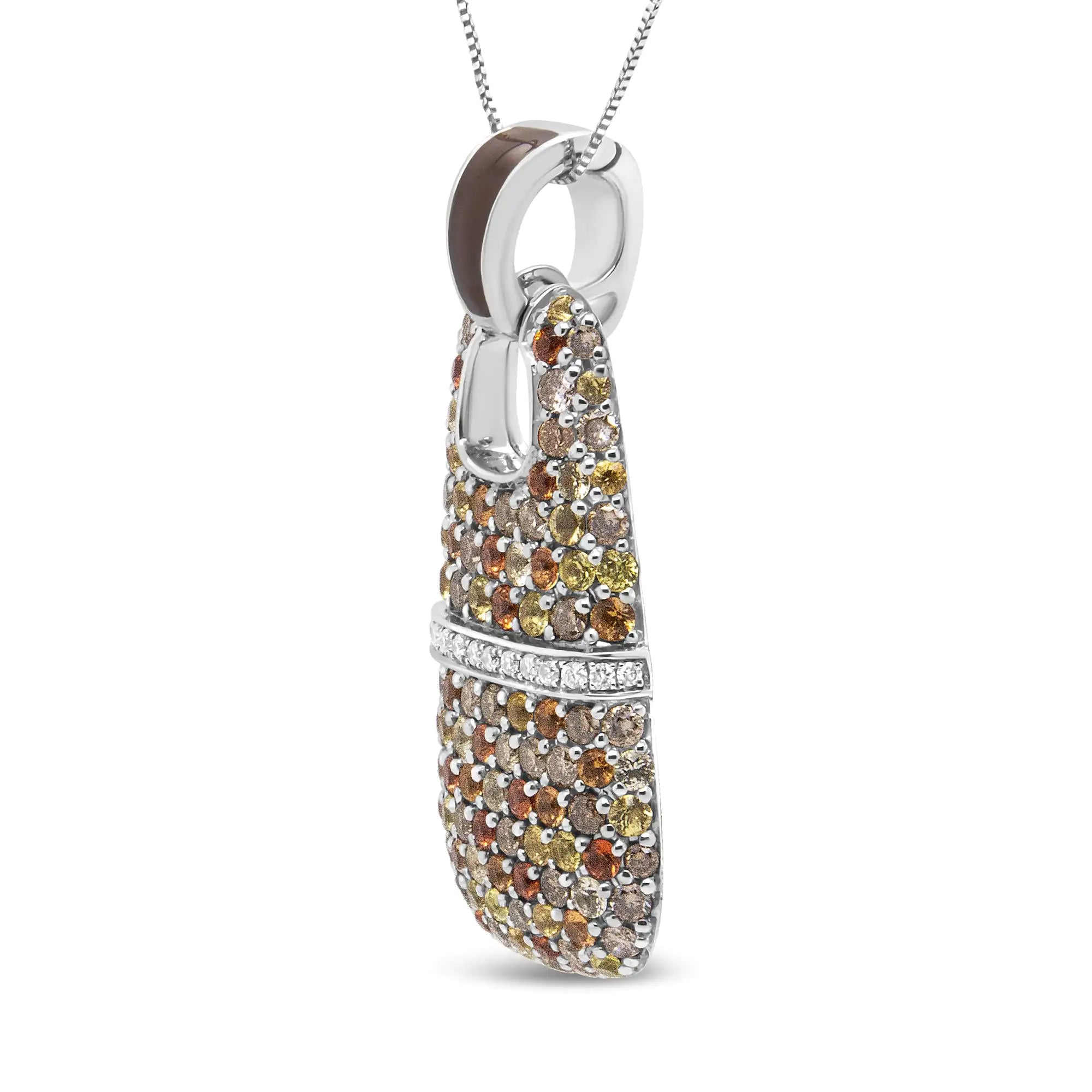 .925 Sterling Silver Brown Enamel 1 Cttw White and Brown Diamonds and  1.5mm Yellow and Orange Sapphire Gemstones Statement 18" Pendant Necklace (Brown and F-G Color, VS1-VS2 Clarity)