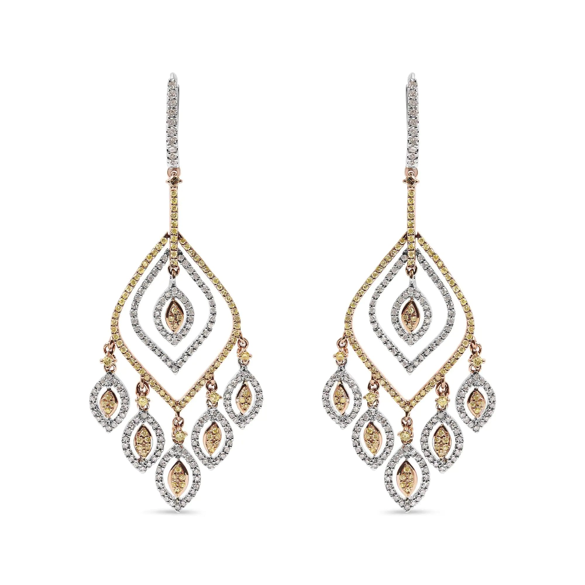 14K White and Rose Gold 2 1/2 Cttw Diamond Curved Rhombus Shape Drop and Chandelier Style Dangle Earring (J-K Color, I2-I3 Clarity)