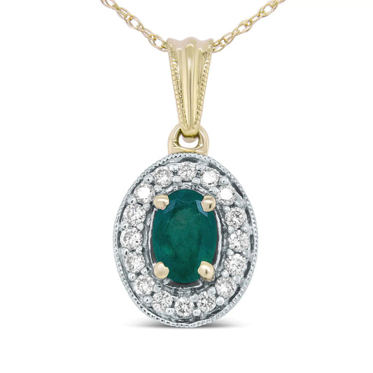 14K Yellow Gold 6x4mm Emerald and 1/5 Cttw Round Diamond Halo Pendant 18" Necklace - (H-I Color, SI1-SI2 Clarity)