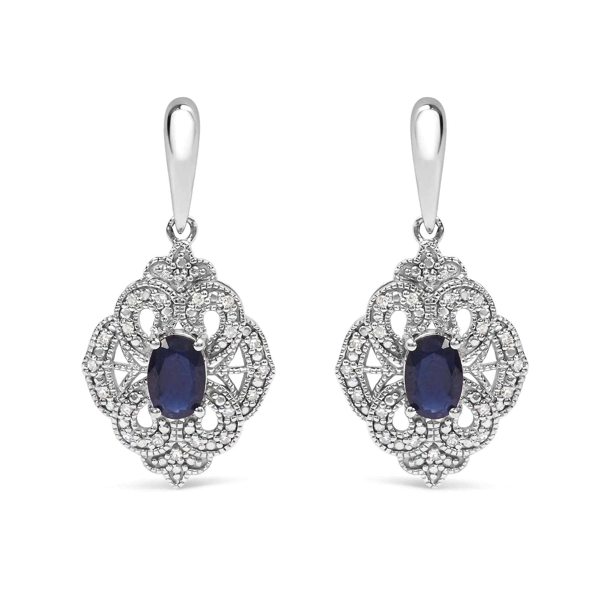 .925 Sterling Silver 6x4 MM Oval Blue Sapphire and White Diamond Accent Art Deco Style Shield Dangle Earring (I-J Color, I3 Clarity)