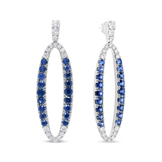 18K White Gold 1.11 Cttw Blue Round Diamond and Blue Sapphire Openwork Oval Shaped Dangle Earrings (F-G Color, VS1-VS2 Clarity)